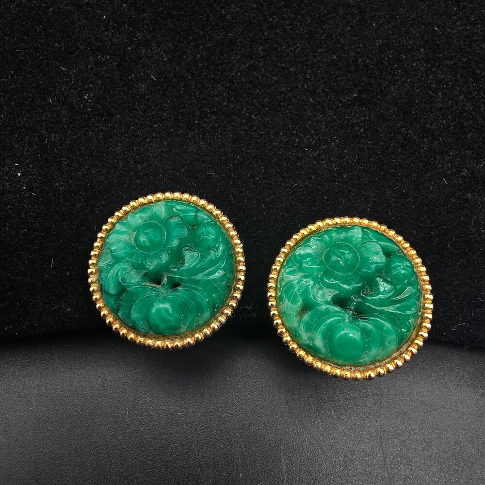 Vintage Carved Faux Jade Flower Clip On Earrings Vintage Jewelry